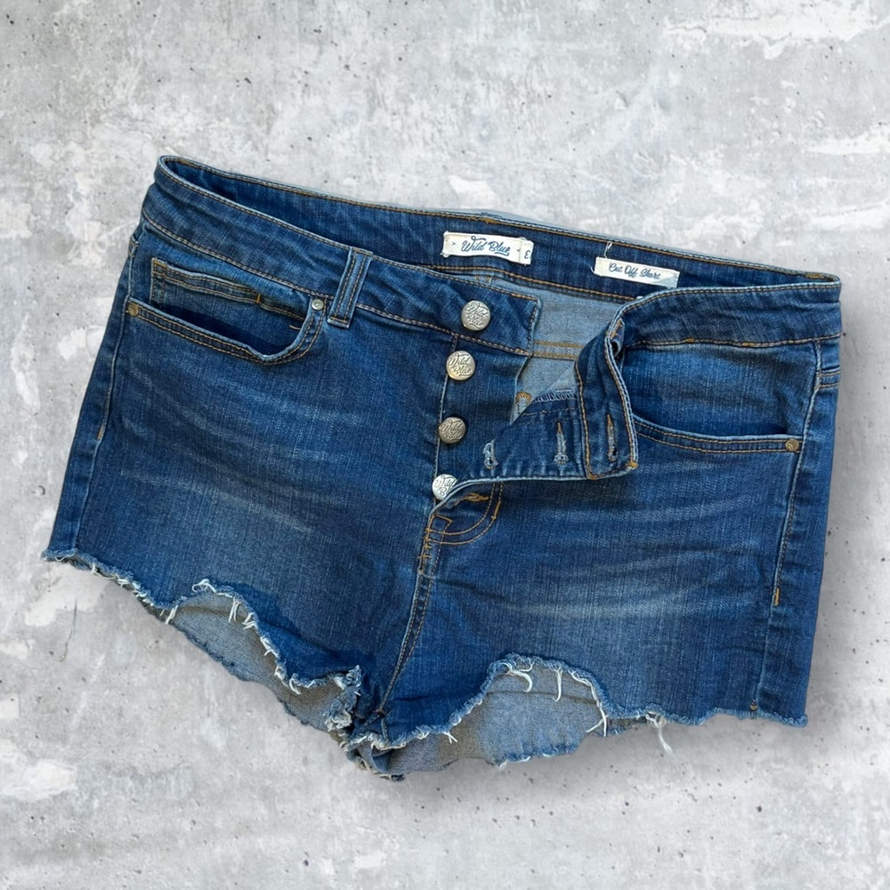 Wild Blue Button Fly, Distressed Denim Shorts - Picture 1 of 13